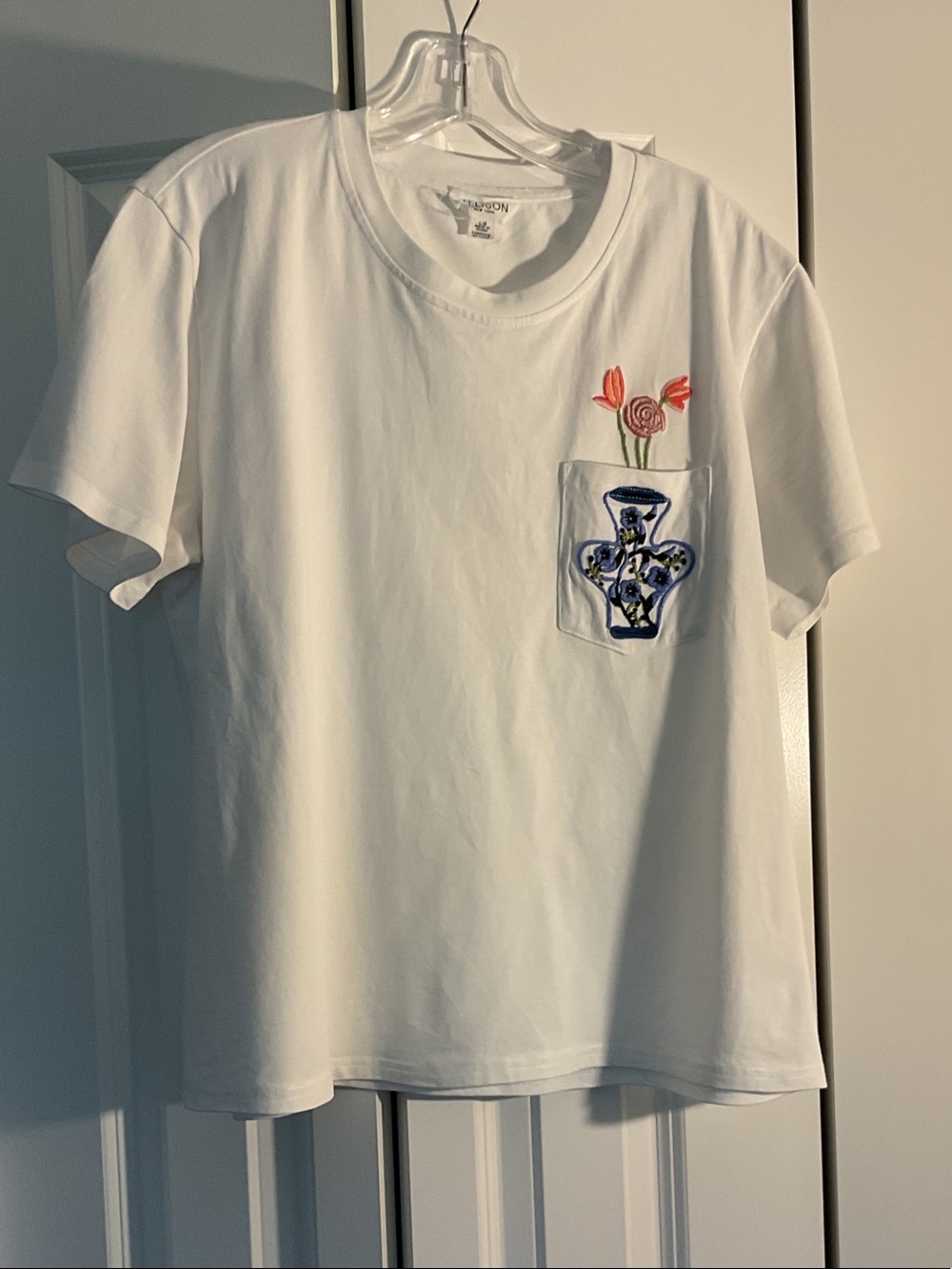 White Short Sleeve Tee with Embroidered Pocket Vase and Flowers